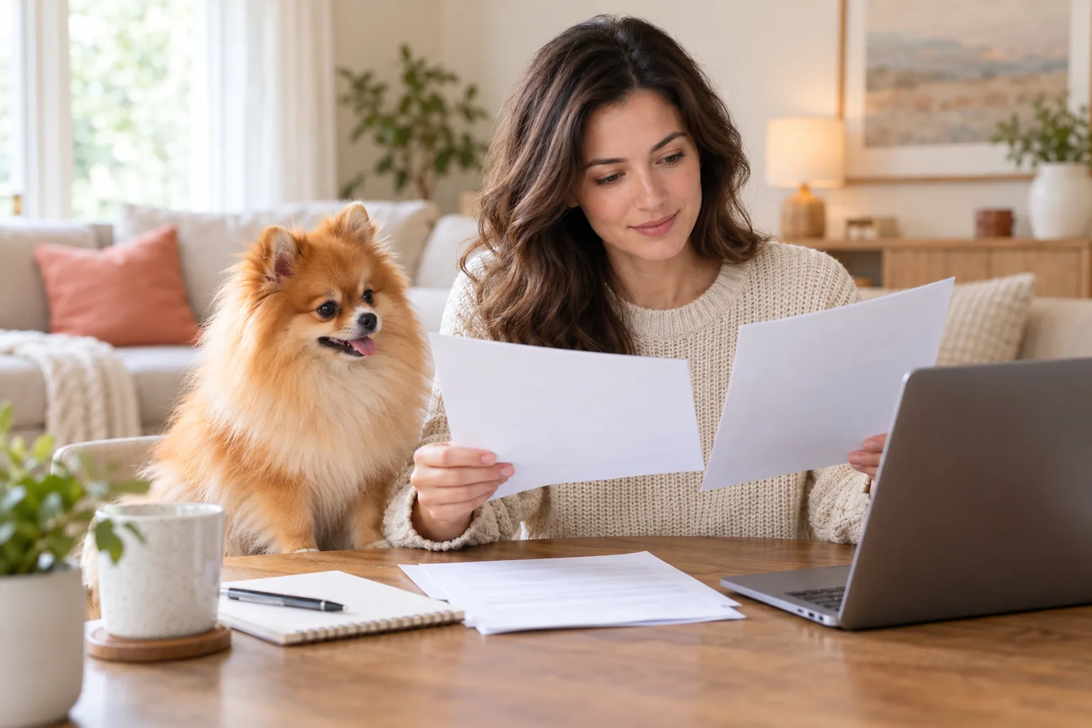 Owner reviewing papers at a table with a small fluffy dog nearby